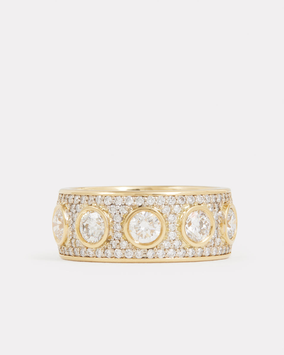 Yellow and White Gold Band with Bezel Set Diamonds and Pave Diamonds
