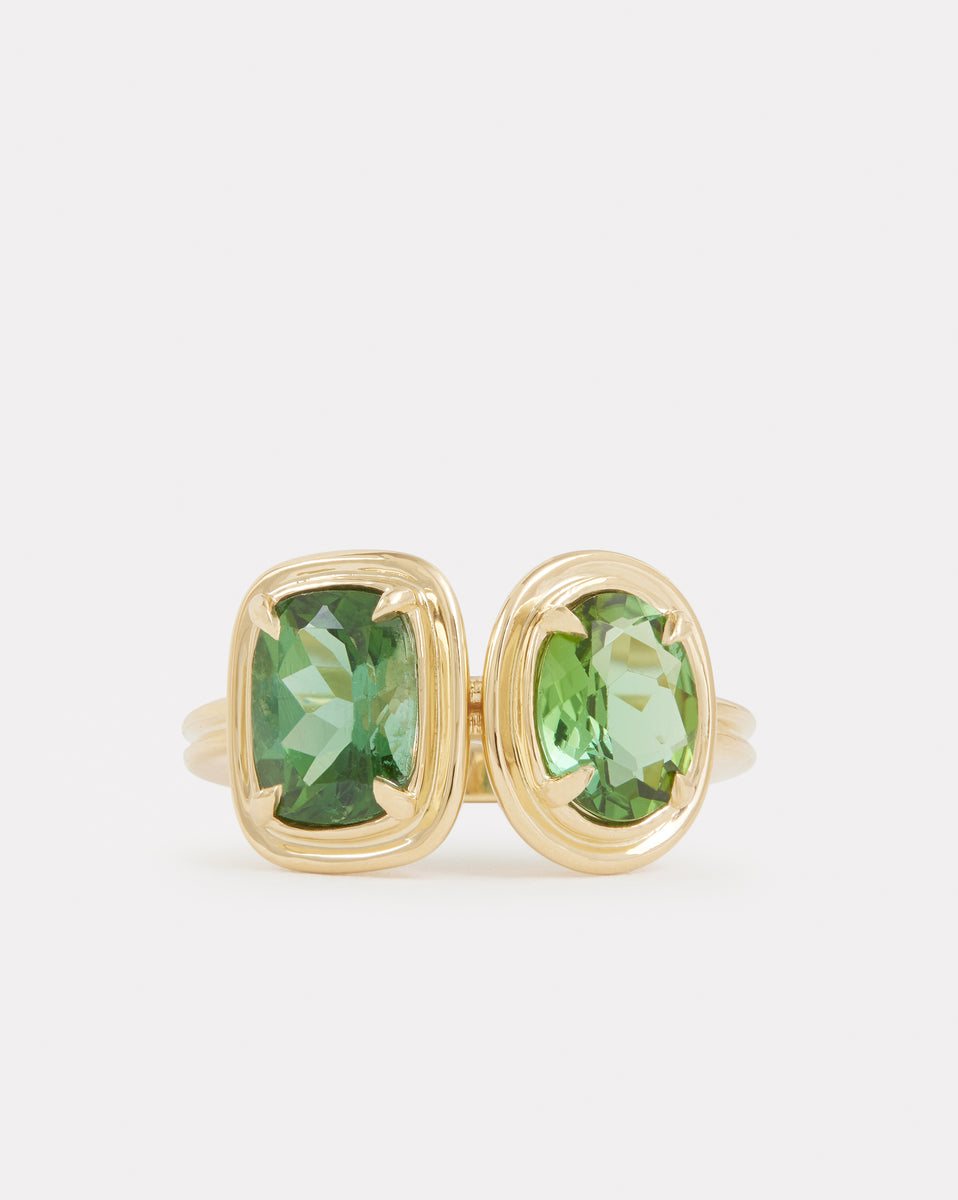 Double Surround Cushion Cut and Oval Green Tourmaline Ring