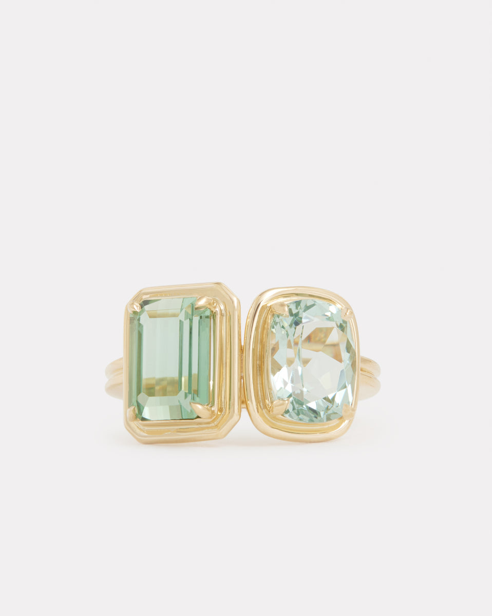 Double Surround Emerald and Cushion Cut Light Green Tourmaline Ring