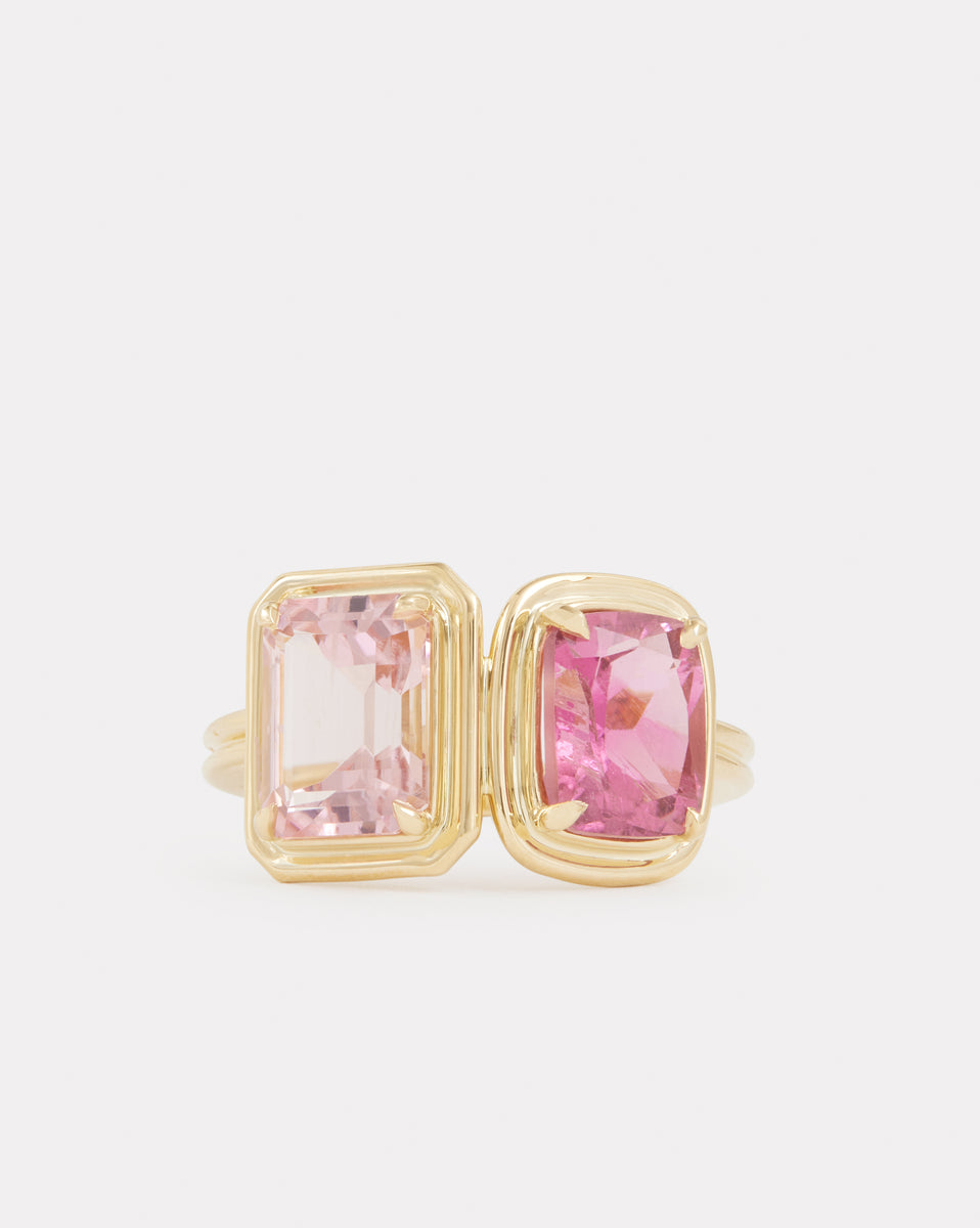 Double Surround Emerald and Cushion Cut Pink Tourmaline Ring