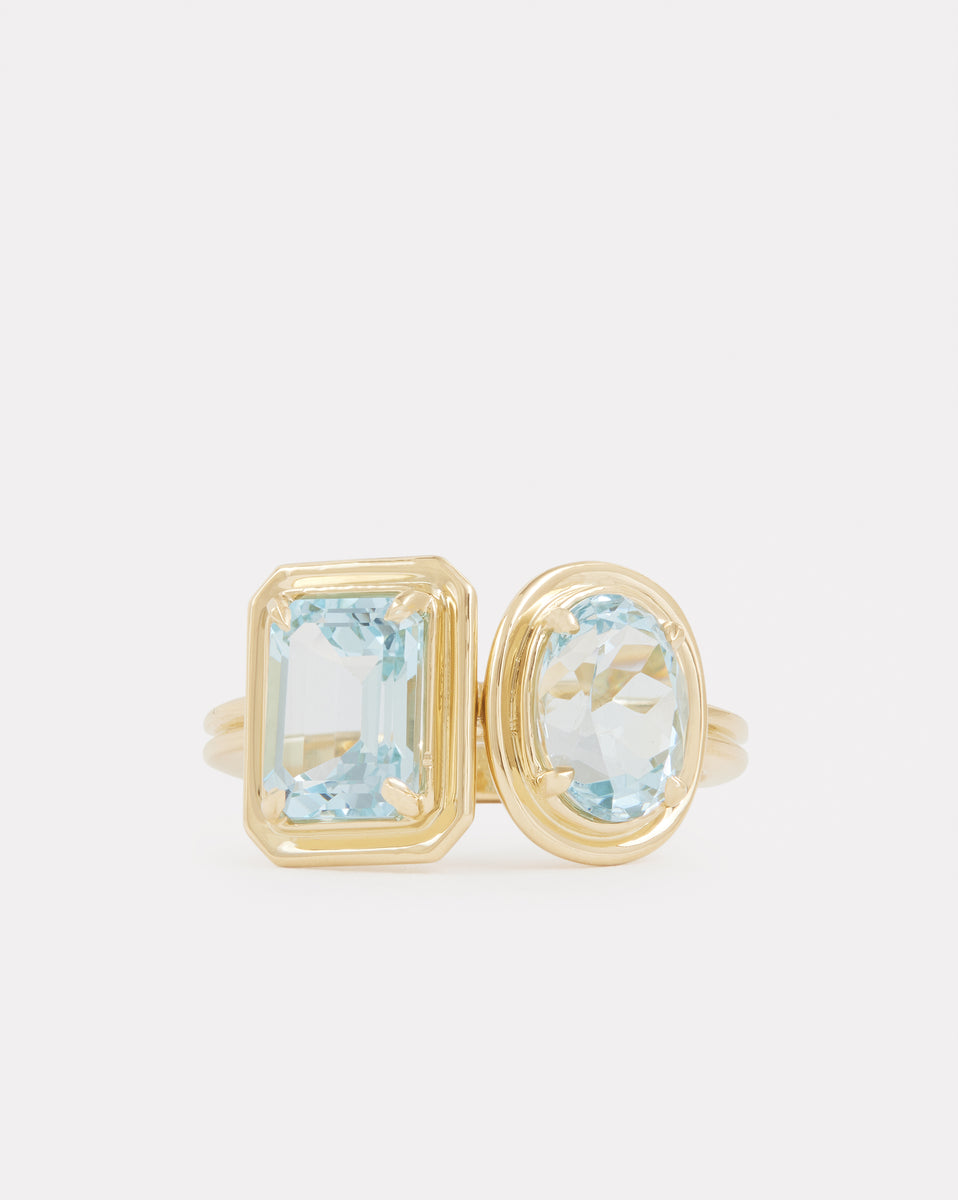 Double Surround Emerald Cut Sky Blue Topaz and Aquamarine Oval Ring