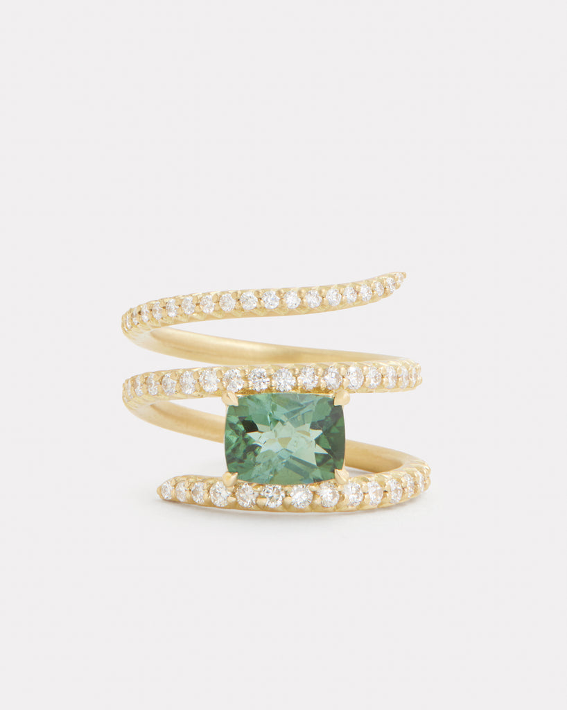 Script Ring with Cushion Cut Green Tourmaline and Diamonds