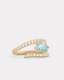 Script Ring with Diamond Shape Aquamarine and Diamonds