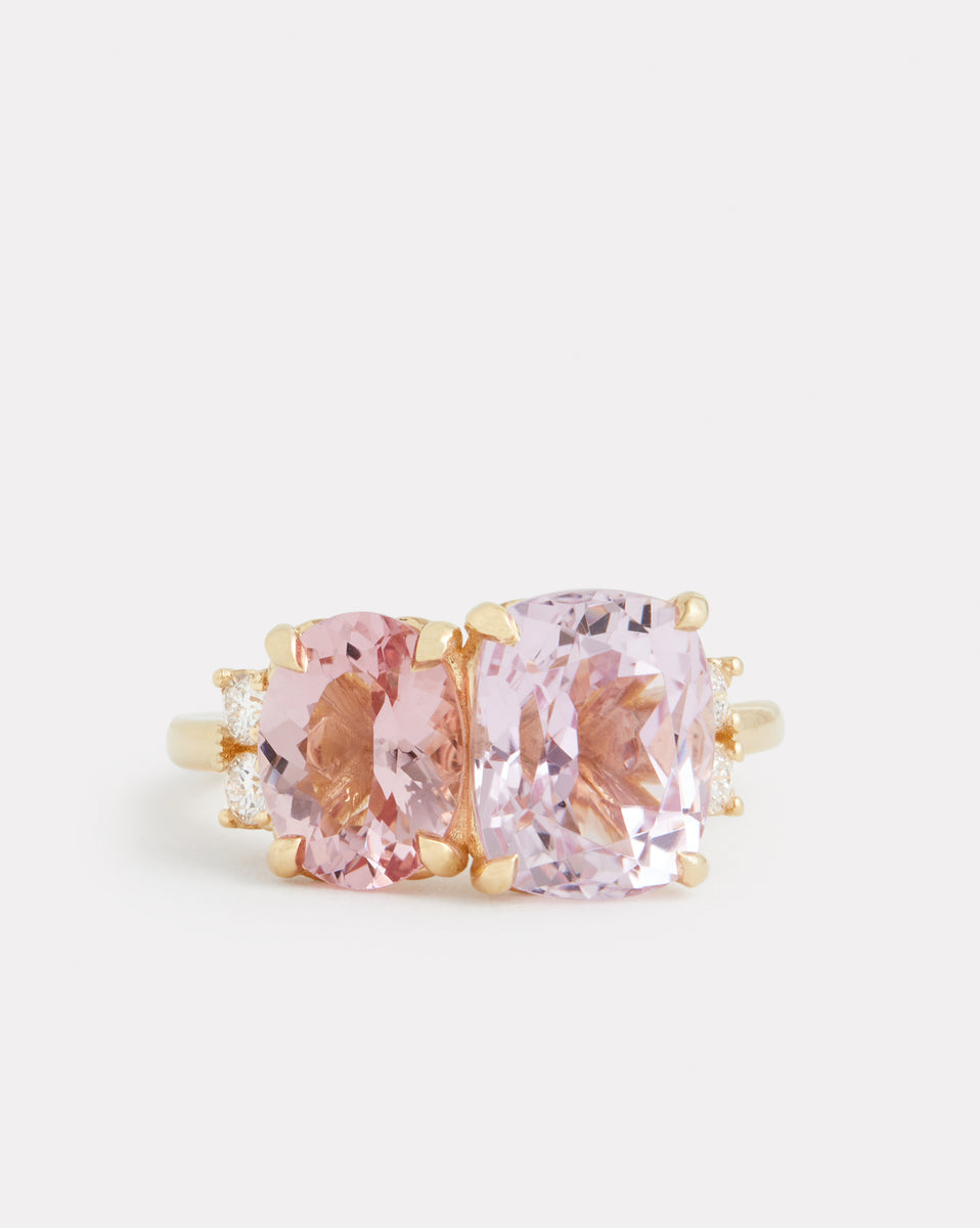 Kunzite Cushion and Morganite Oval Ring with Diamonds