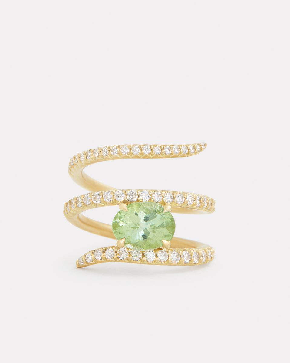 Script Ring with Oval Shaped Light Green Tourmaline and Diamonds