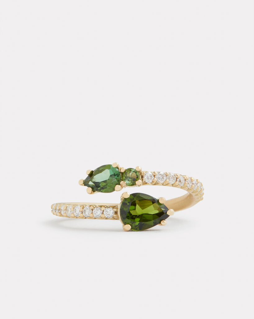 Script Ring with Green Tourmaline Pear Shapes, Rounds, and Diamonds