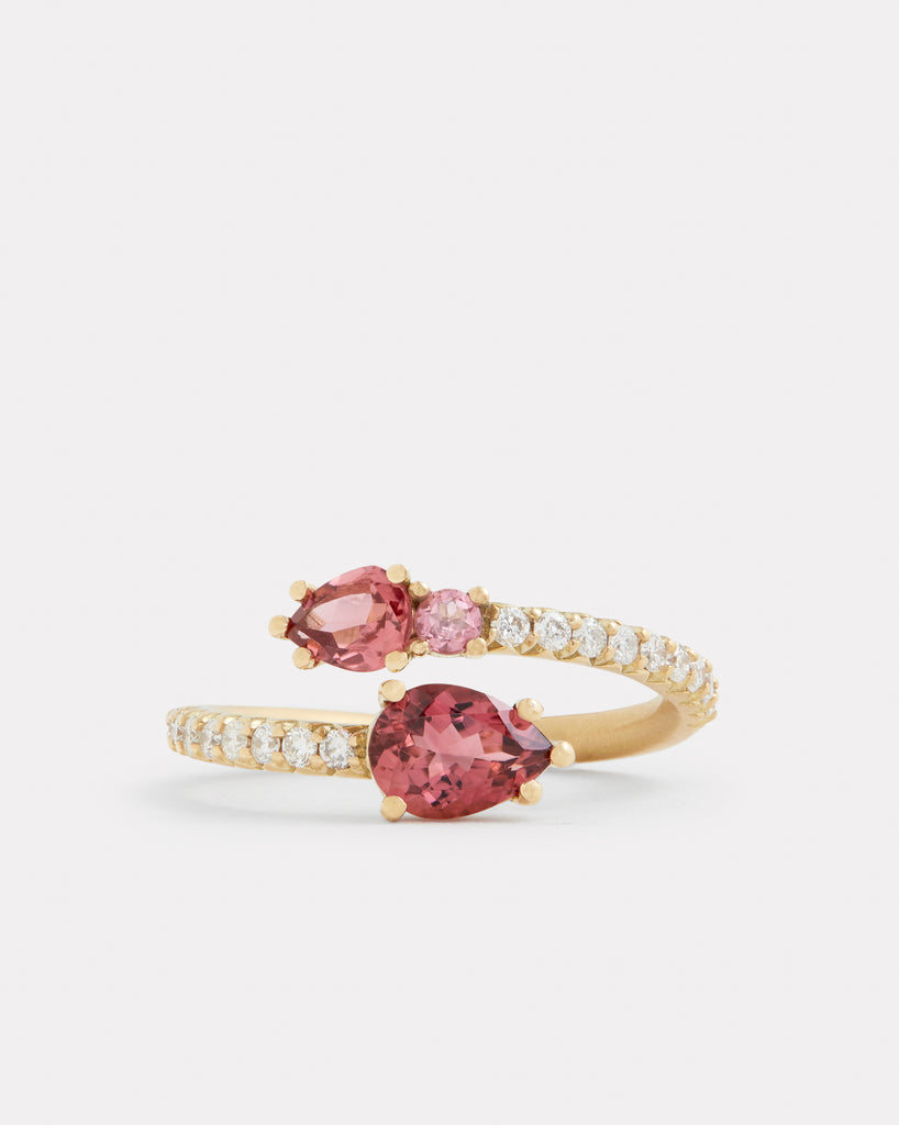Script Ring with Pink Tourmaline Pear Shapes, Rounds, and Diamonds