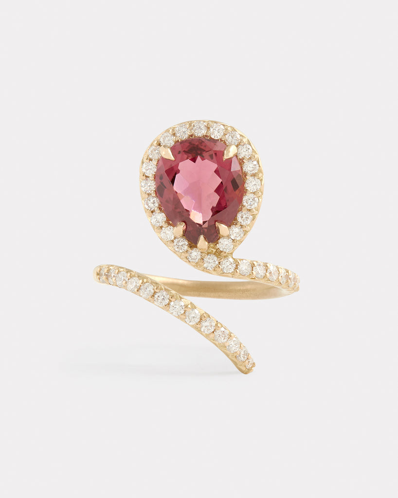 Vertical Script Pear Shape Ring with Pink Tourmaline and Diamonds