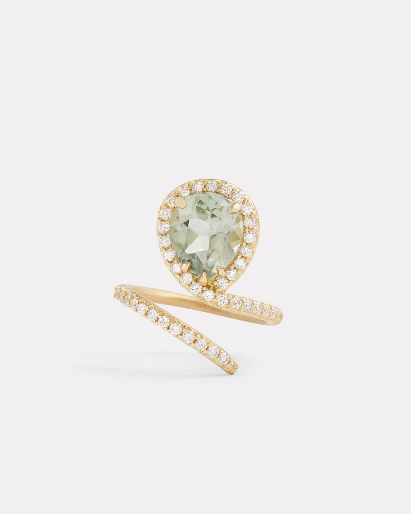 Vertical Script Pear Shape Ring with Light Green Tourmaline and Diamonds