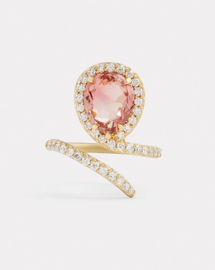 Vertical Script Pear Shape Ring with Pink Tourmaline and Diamonds