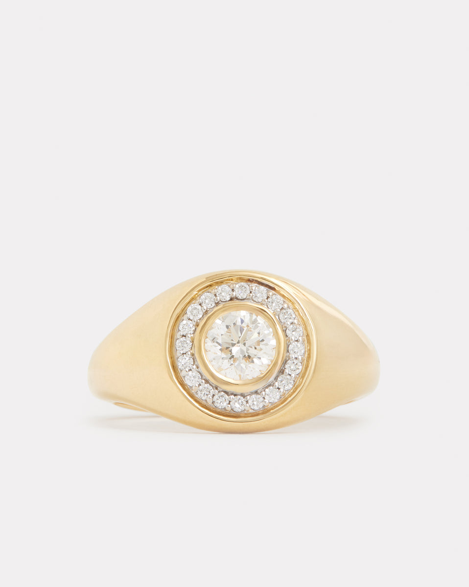 Yellow and White Gold Bezel Set Round Diamond Ring with Pave Diamonds