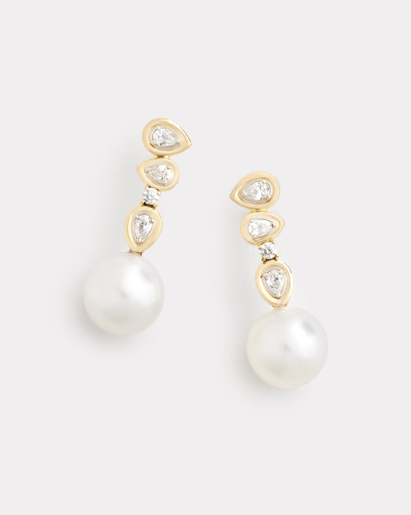 Asymmetrical Round and Pear Shape Diamond Studs with South Sea Pearls Drop