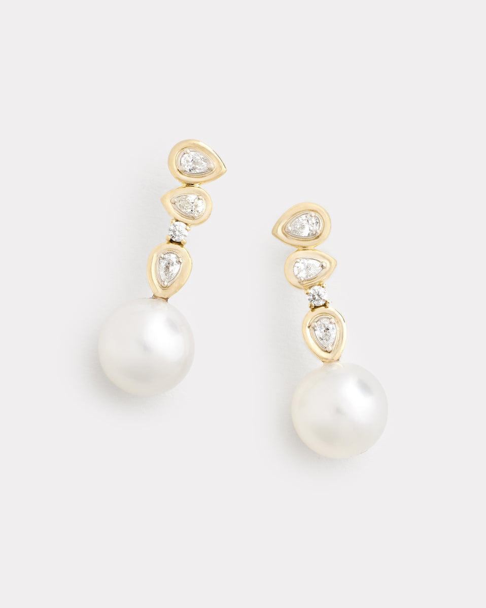 Asymmetrical Round and Pear Shape Diamond Studs with South Sea Pearls Drop