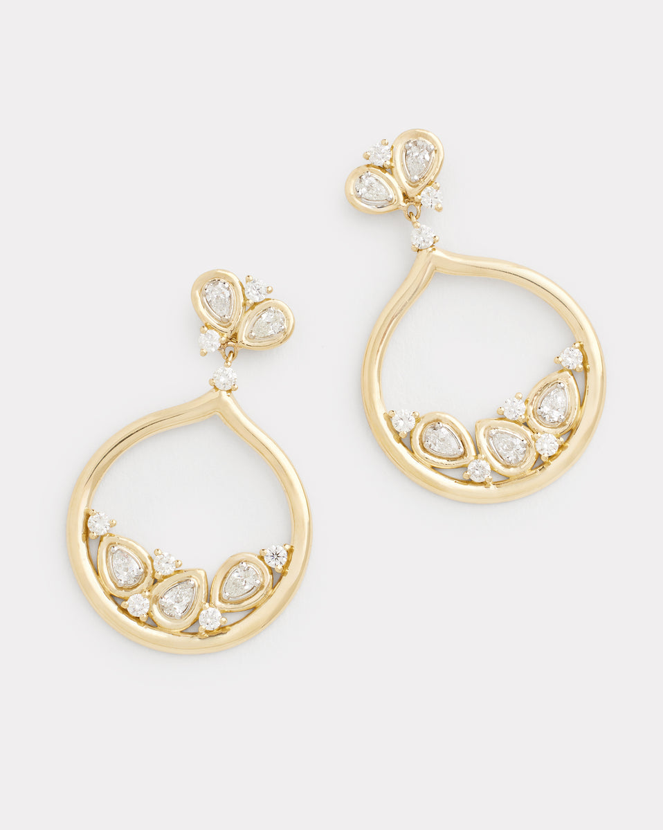 Yellow and White Gold Hoops with Pear Shape and Round Diamonds