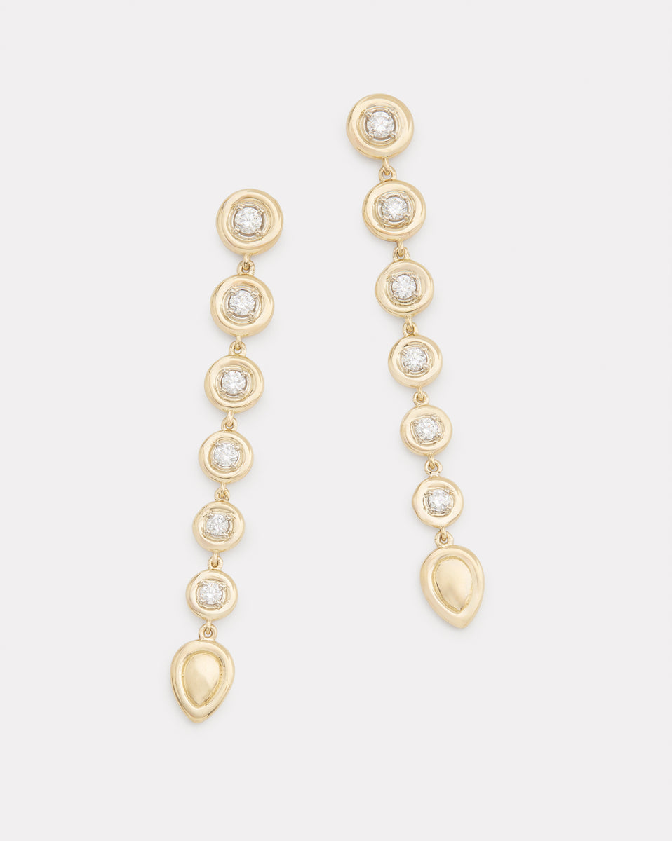 Yellow and White Gold Round Edge Long Diamond Drop Earrings