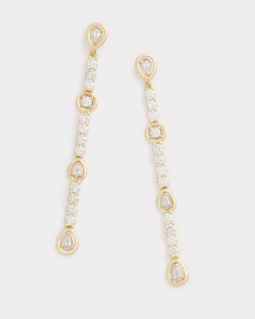 Yellow and White Gold Long Drop Earrings with Pear Shape and Round Diamonds