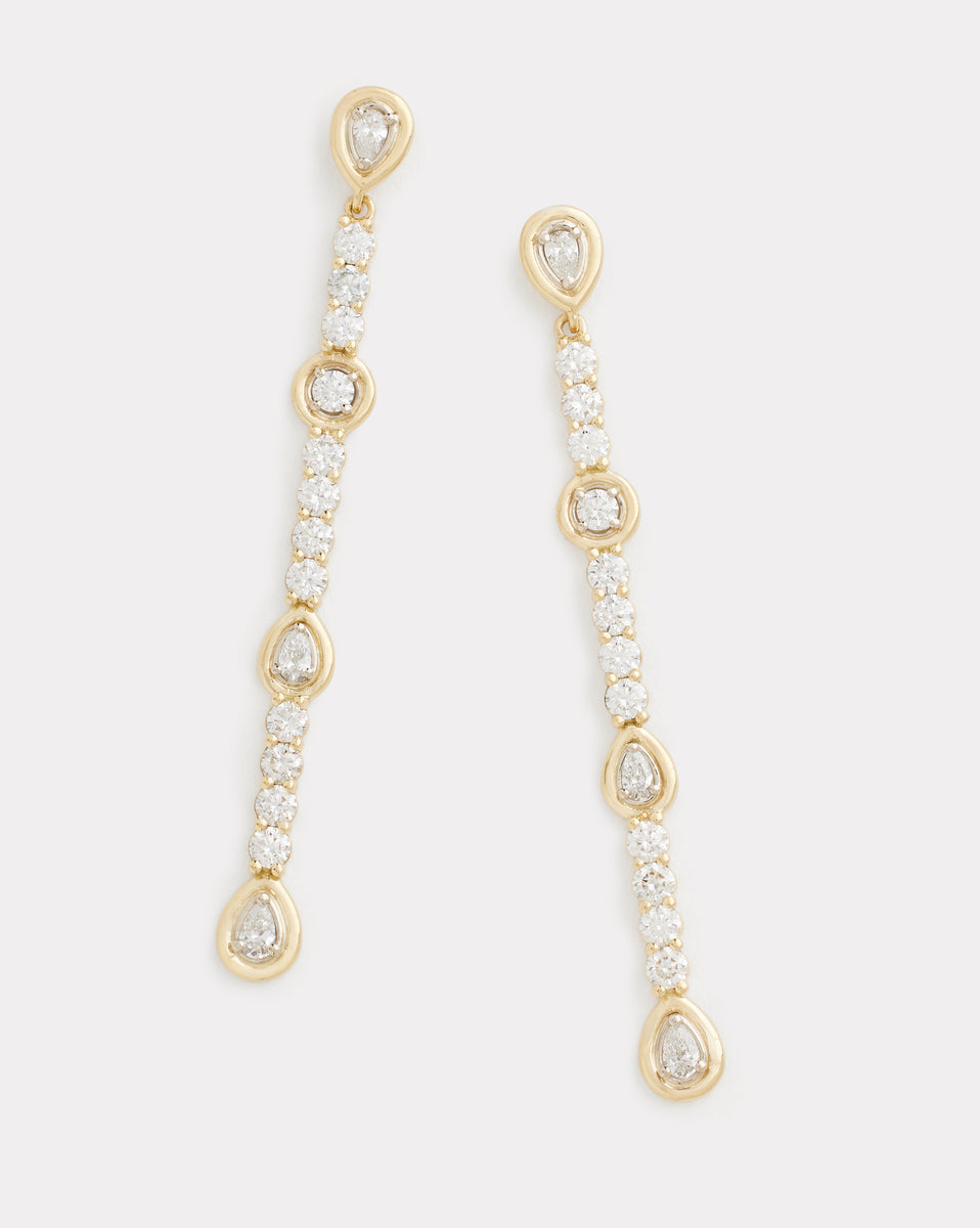 Yellow and White Gold Long Drop Earrings with Pear Shape and Round Diamonds