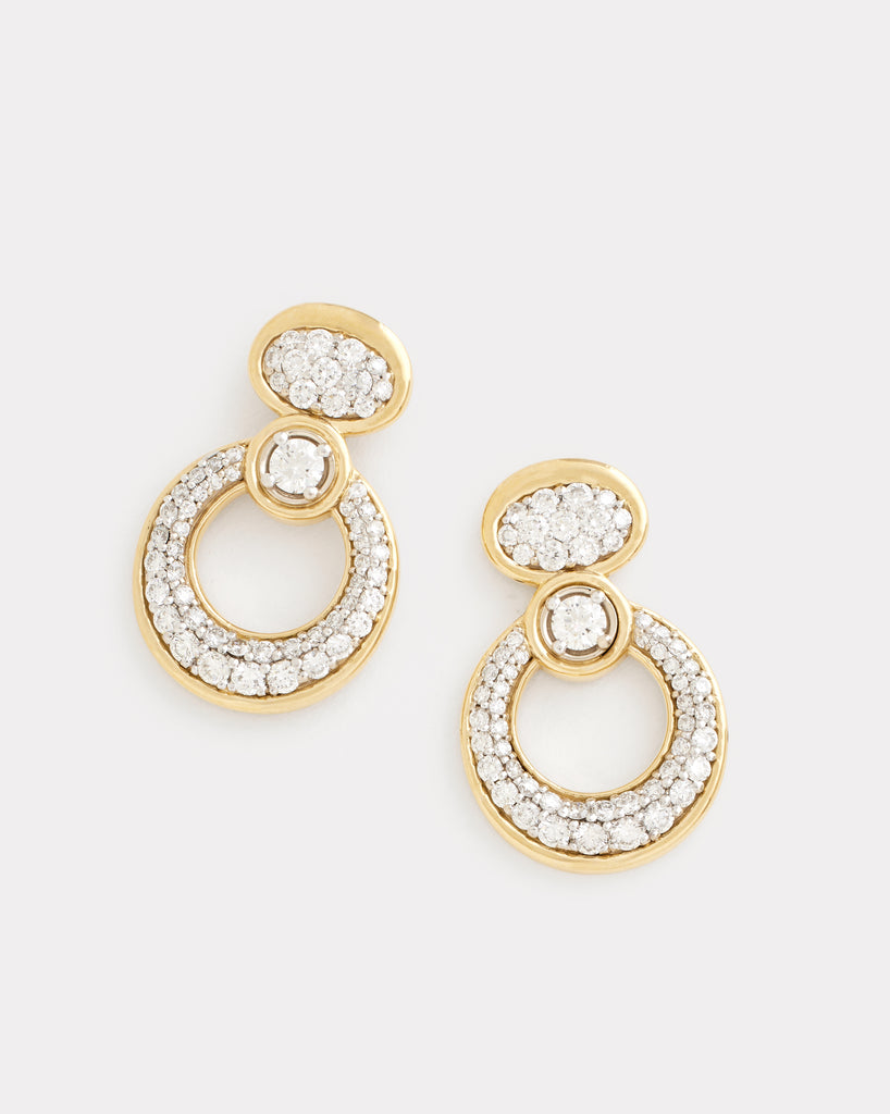 Yellow and White Gold Oval and Round Earring with Pave Diamonds