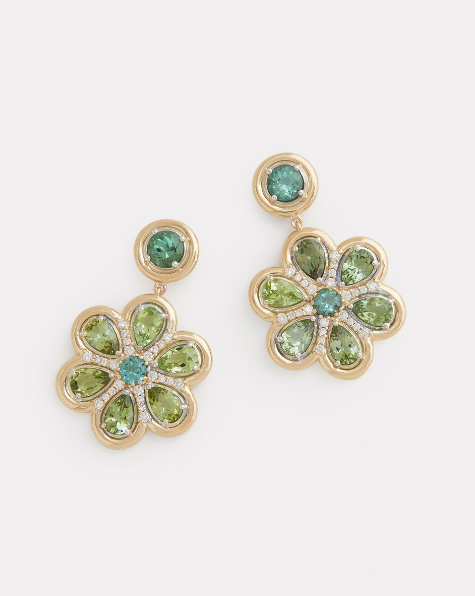 Yellow and White Gold Floral Earrings with Tourmaline and Diamonds