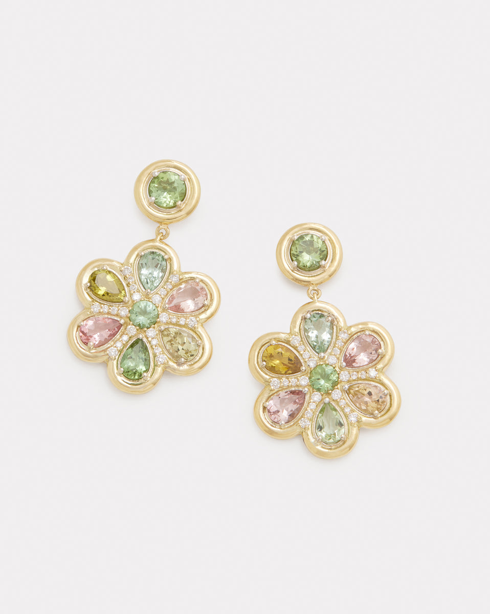 Yellow and White Gold Floral Earrings with Multicolor Tourmaline and Diamonds