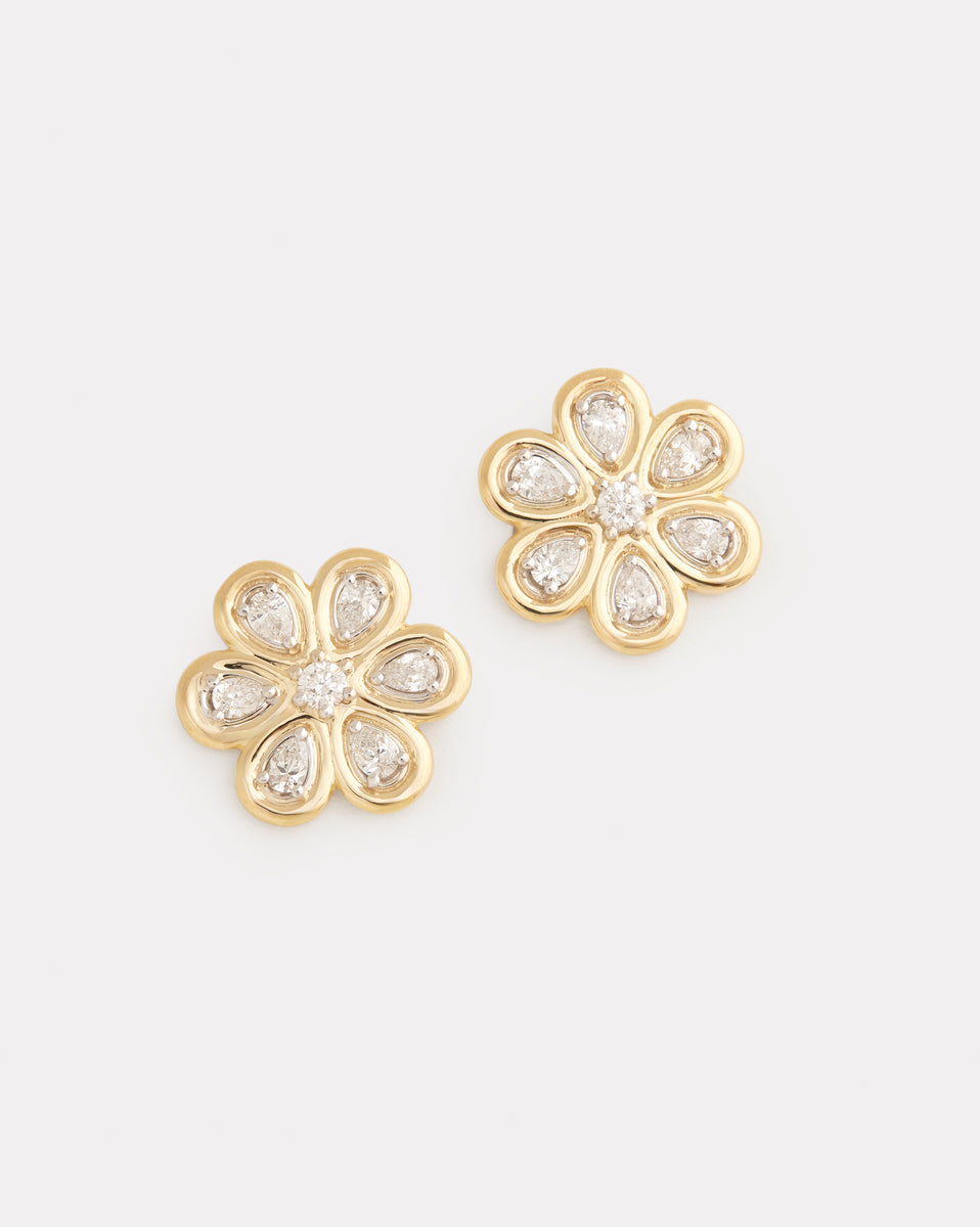 Yellow and White Gold Floral Studs with Diamonds