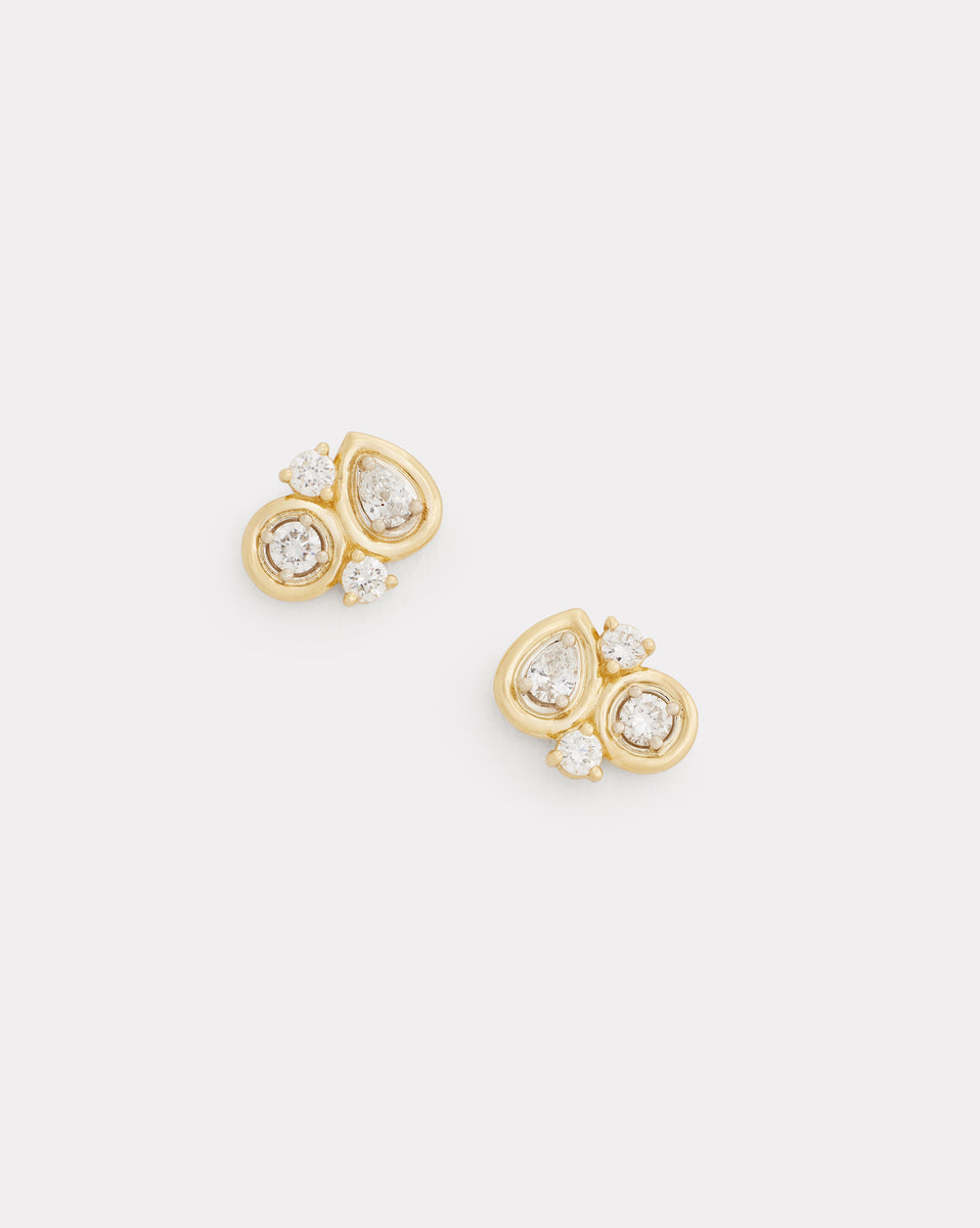 Yellow and White Gold Cluster Studs with Diamonds