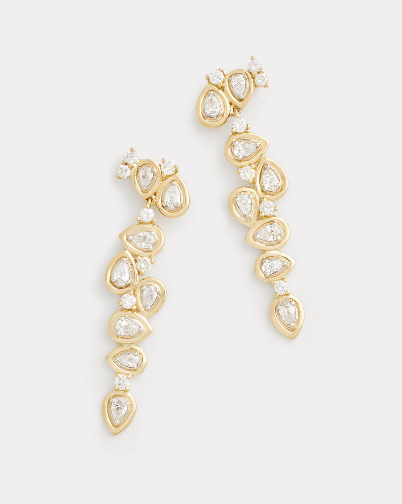 Yellow and White Gold Asymmetrical Earrings with Pear Shape and Round Diamonds