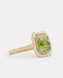 Yellow and White Gold Ring with Cushion Cut Peridot and Diamonds