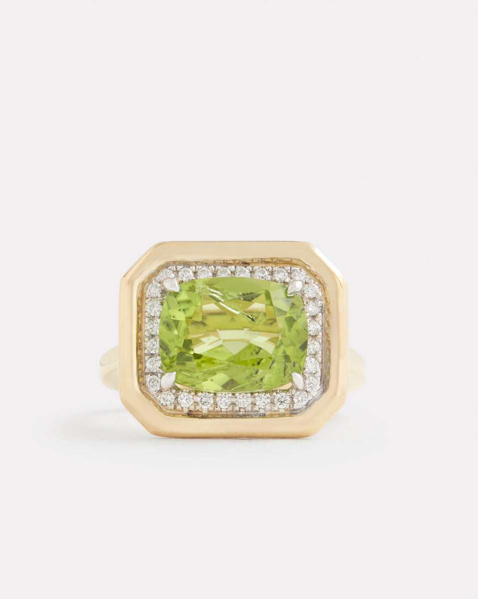 Yellow and White Gold Ring with Cushion Cut Peridot and Diamonds