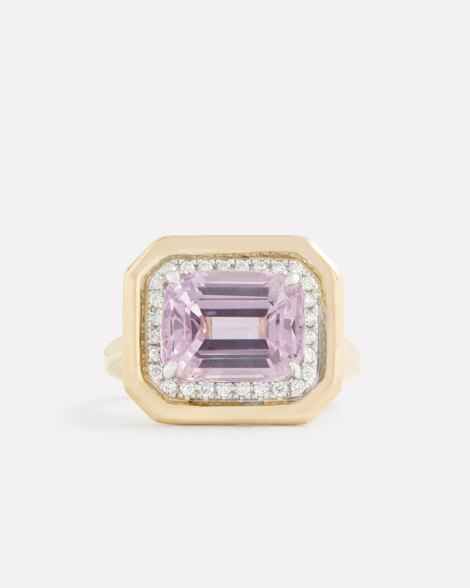 Yellow and White Gold Ring with Emerald Cut Kunzite and Diamonds