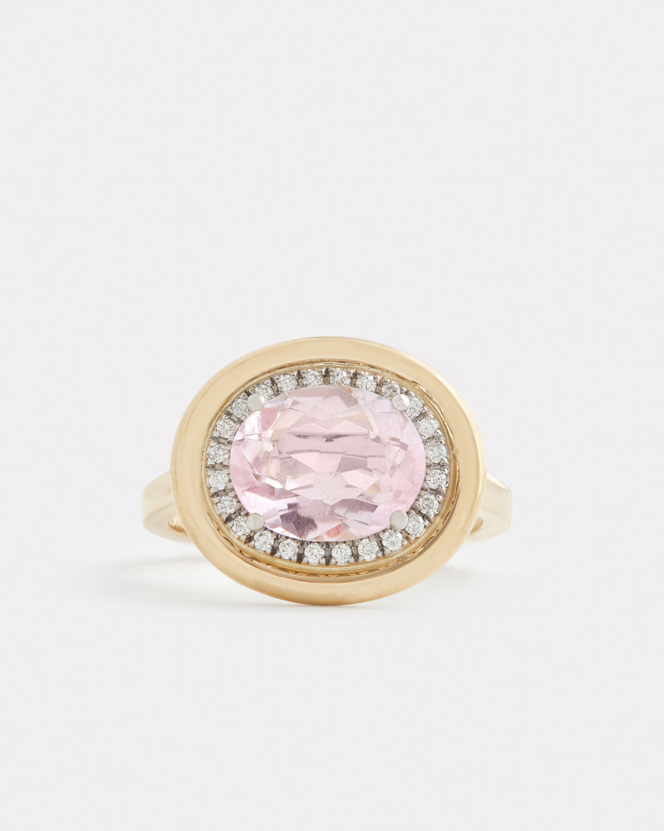 Yellow and White Gold Ring with Oval Shape Morganite and Diamonds