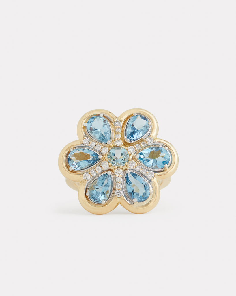 Yellow Gold and White Floral Ring with Aquamarine and Diamonds
