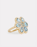 Yellow Gold and White Floral Ring with Aquamarine and Diamonds