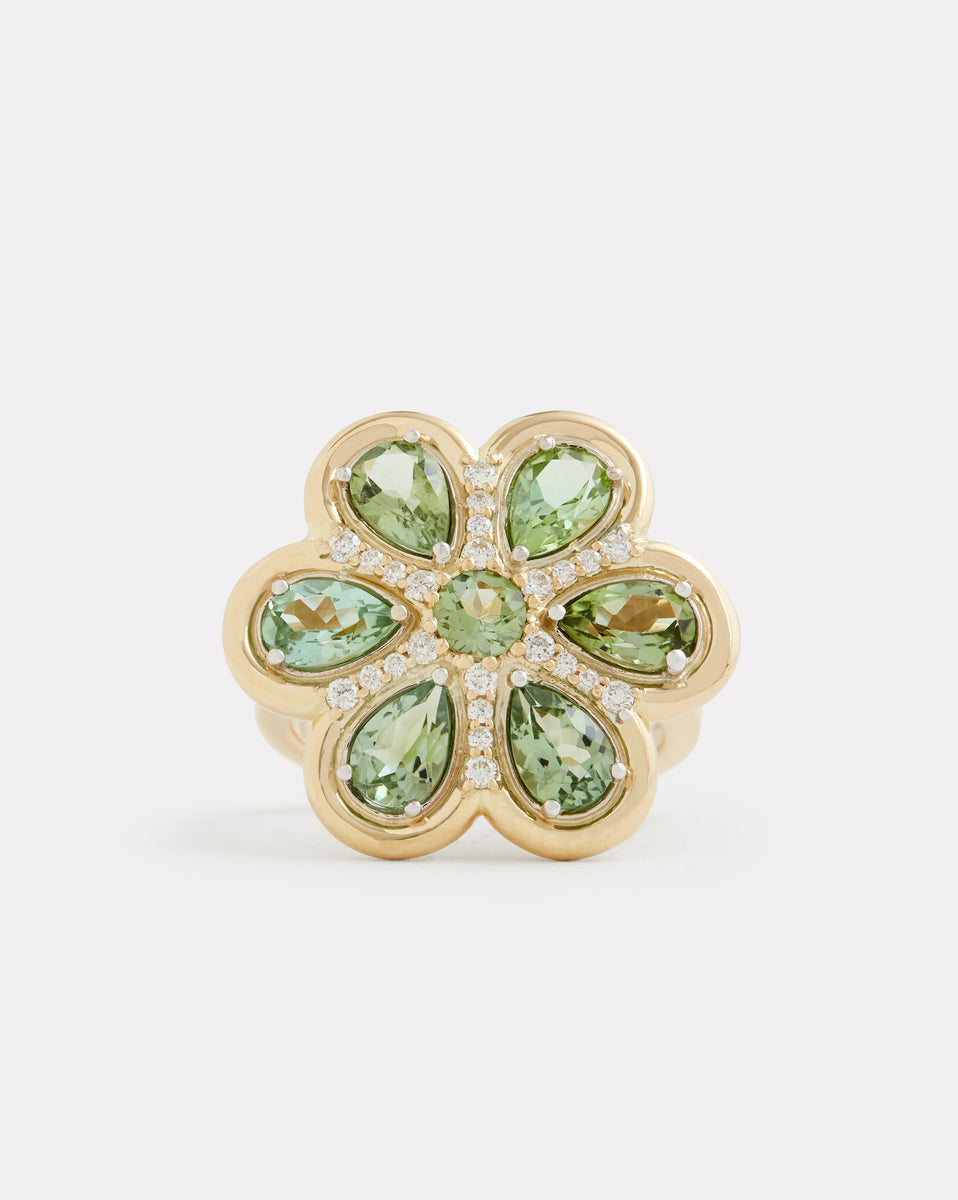 Yellow Gold and White Floral Ring with Tourmaline and Diamonds