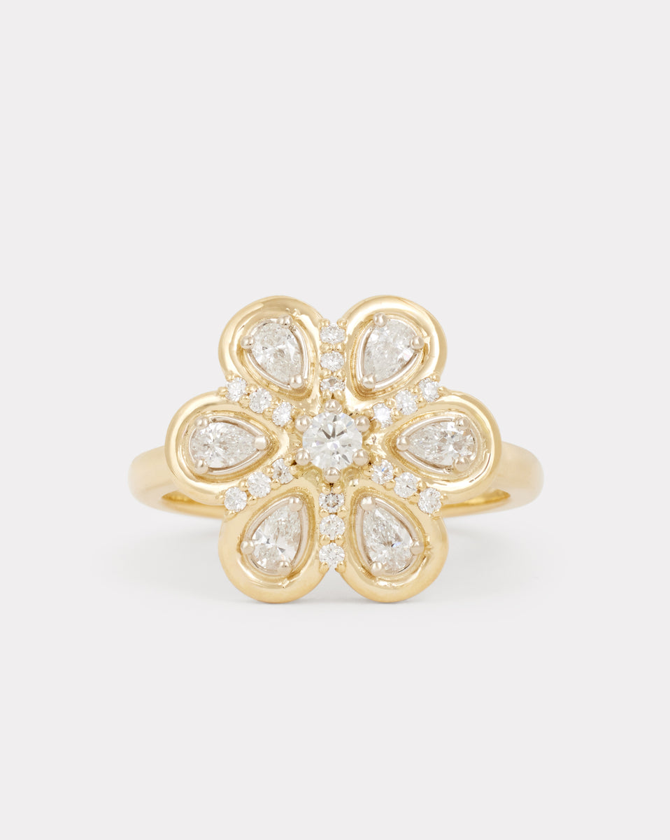 Yellow and White Gold Floral Ring with Diamonds