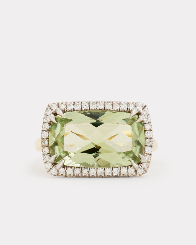 Light Green Tourmaline Long Cushion Cut Ring with Diamonds