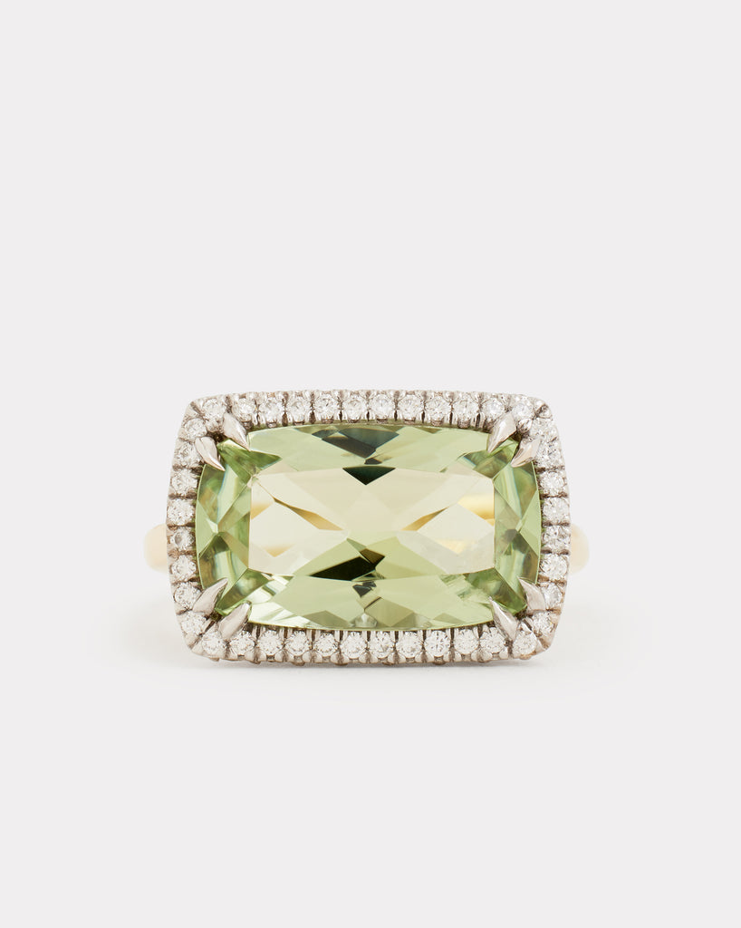 Light Green Tourmaline Long Cushion Cut Ring with Diamonds