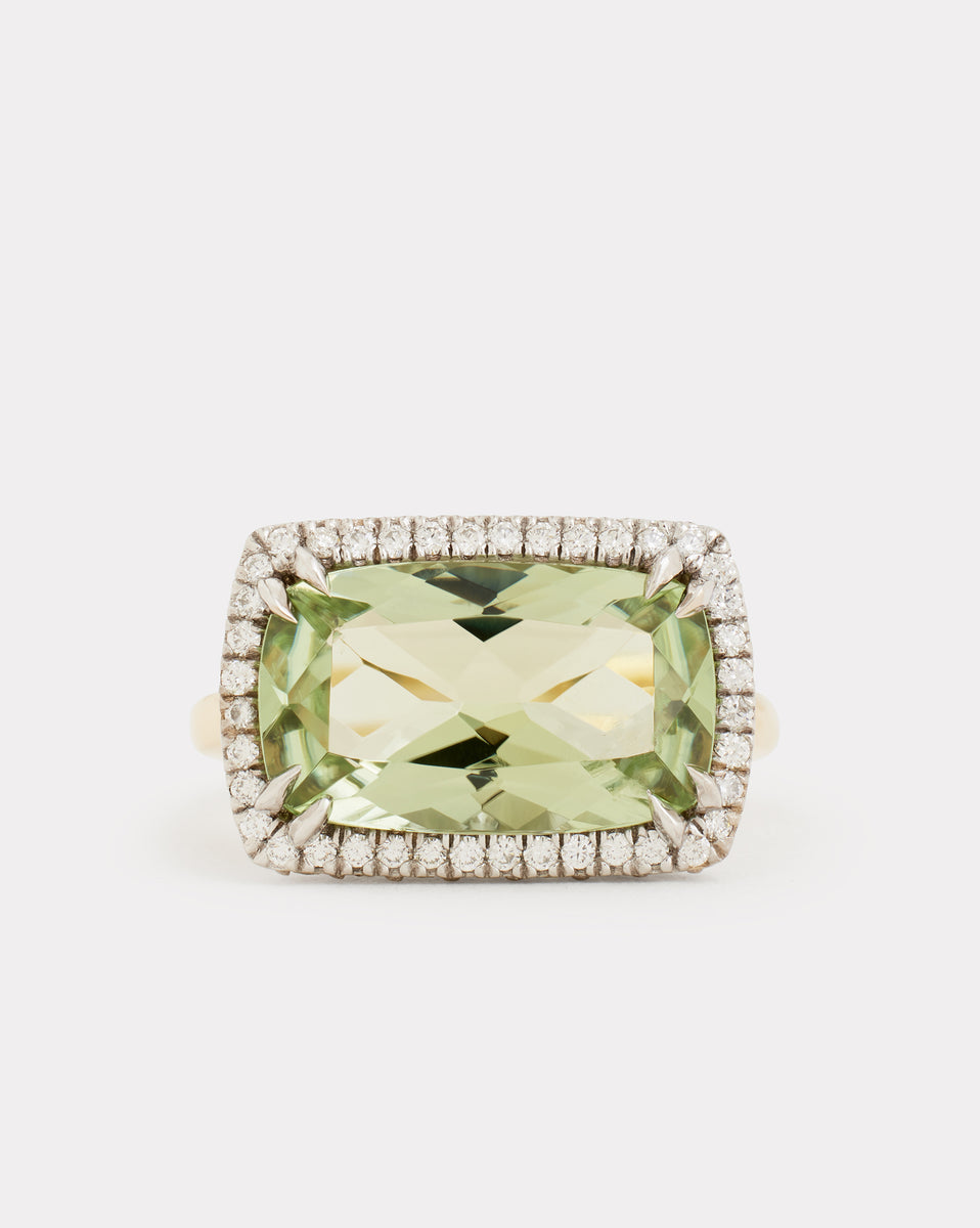 Light Green Tourmaline Long Cushion Cut Ring with Diamonds