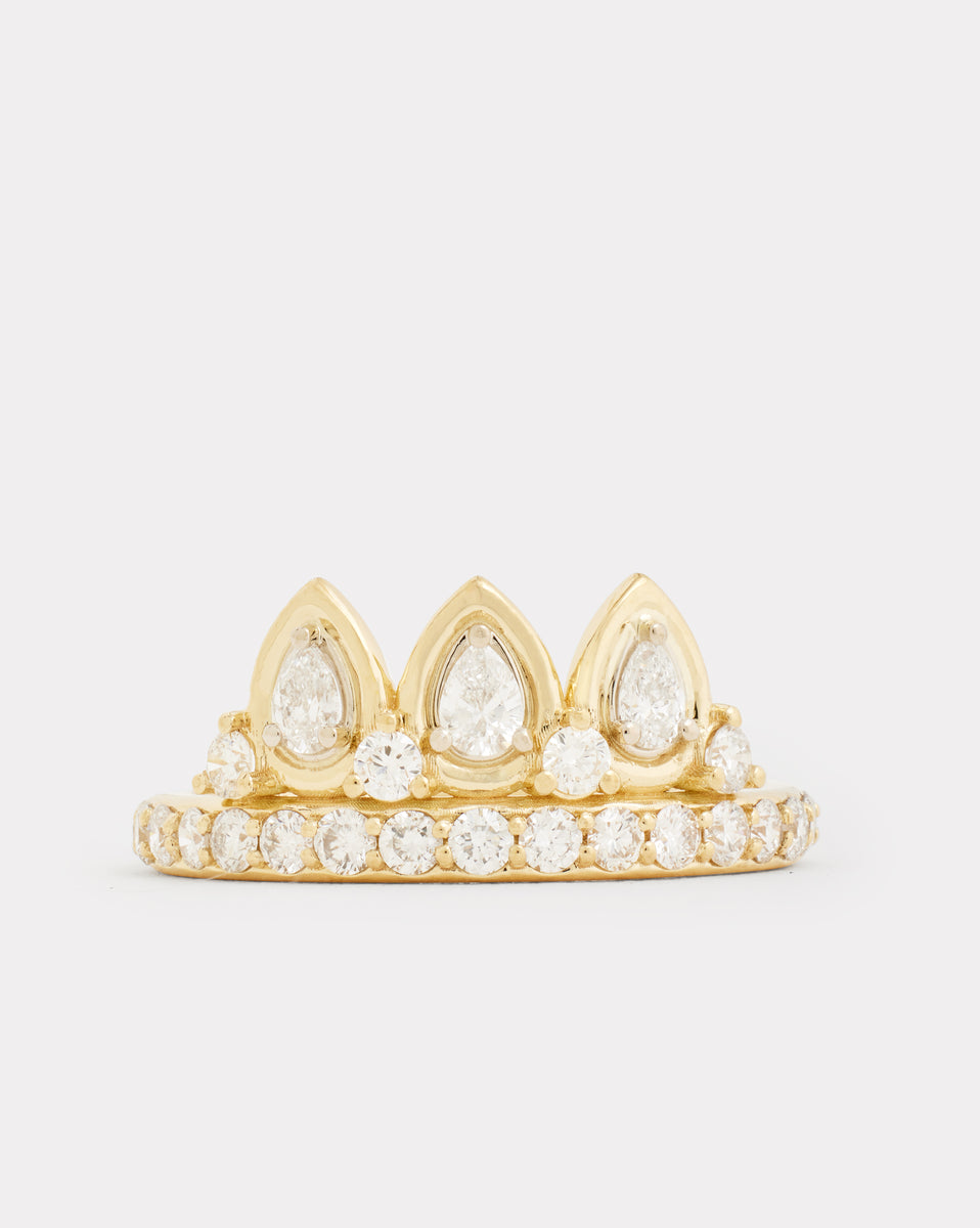 Yellow and White Gold Tiara Ring with Pear Shaped Diamonds