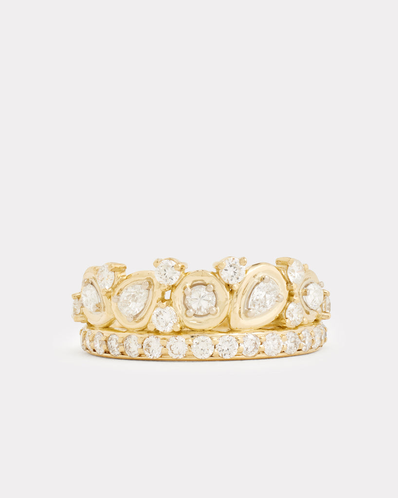 Yellow and White Gold Tiara Ring with Pear and Round Shaped Diamonds