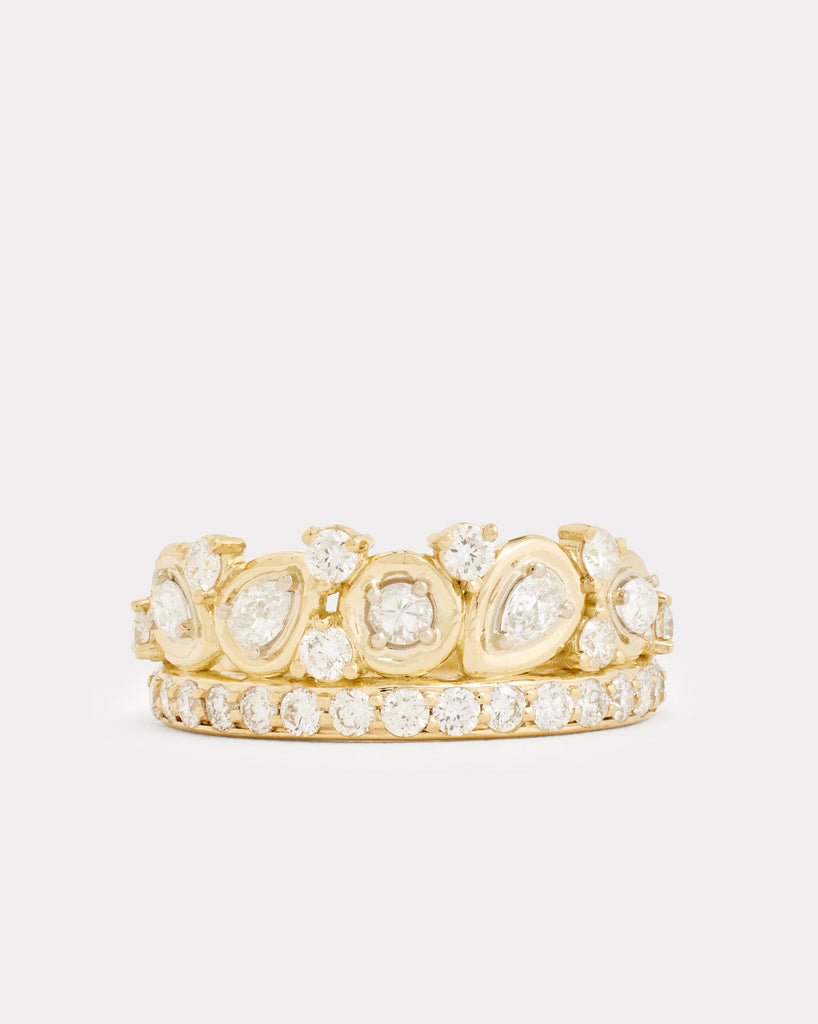Yellow and White Gold Tiara Ring with Pear and Round Shaped Diamonds