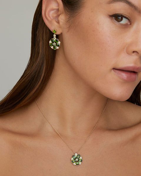 Floral Drop Earrings with Green Tourmaline, Green Sapphire, and Diamonds