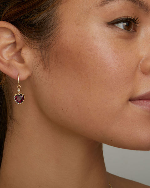 Hoop with Heart Shaped Rhodolite and Diamond Drop