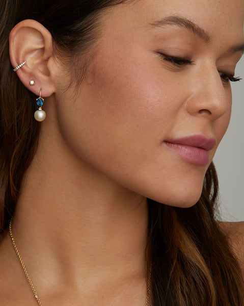 London Blue Topaz Pear Shape, Pearl and Diamond Drop Earring