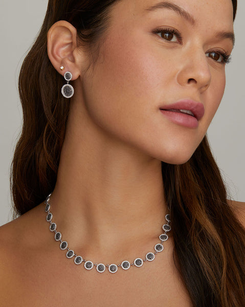 Double Drop Black and White Diamond Disc Earring