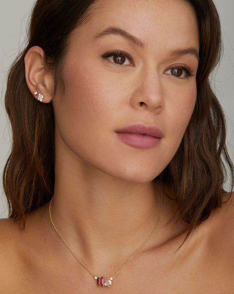 Pink Tourmaline Emerald Cut and Morganite Pear Shape Pendant Necklace