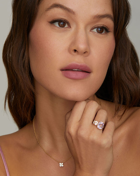 Kunzite Emerald Cut and Morganite Round Ring with Diamonds