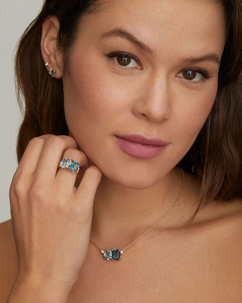 Aquamarine Oval and London Blue Topaz Emerald Cut Ring with Diamonds