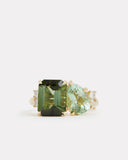 Green Tourmaline Emerald Cut and Pear Shape Ring with Diamonds