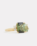 Green Tourmaline Emerald Cut and Pear Shape Ring with Diamonds